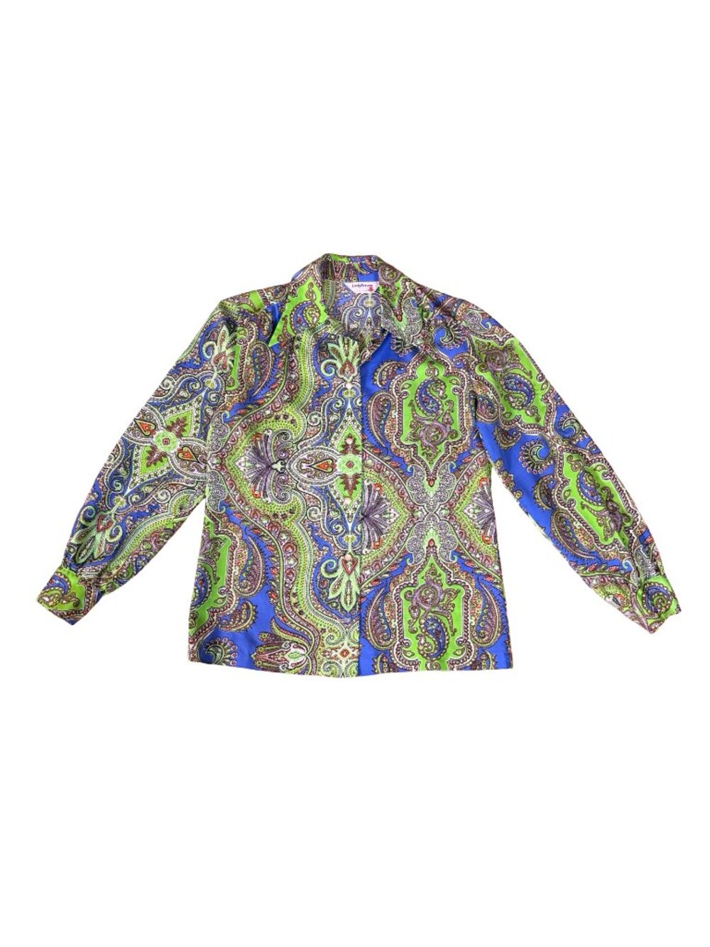Vintage 1970s Lady Arrow Green Blue Paisley Polyester Blouse